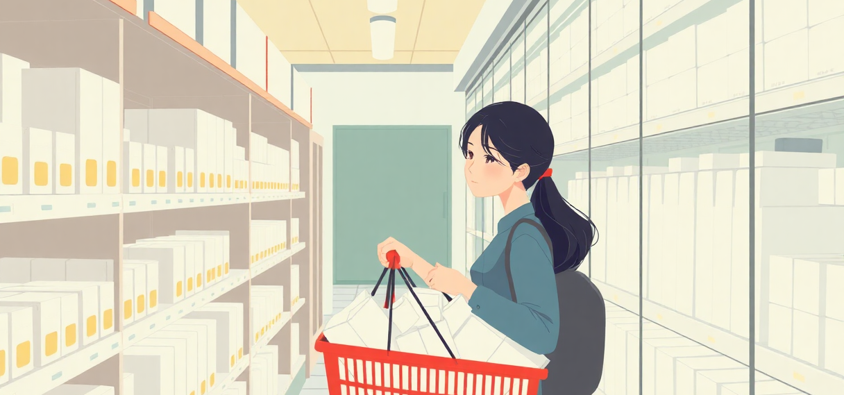 コンビニで家族分の冷凍食品を買い込む様子