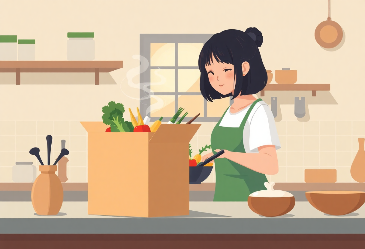 届いた食材でミールキットを調理する女性のイラスト