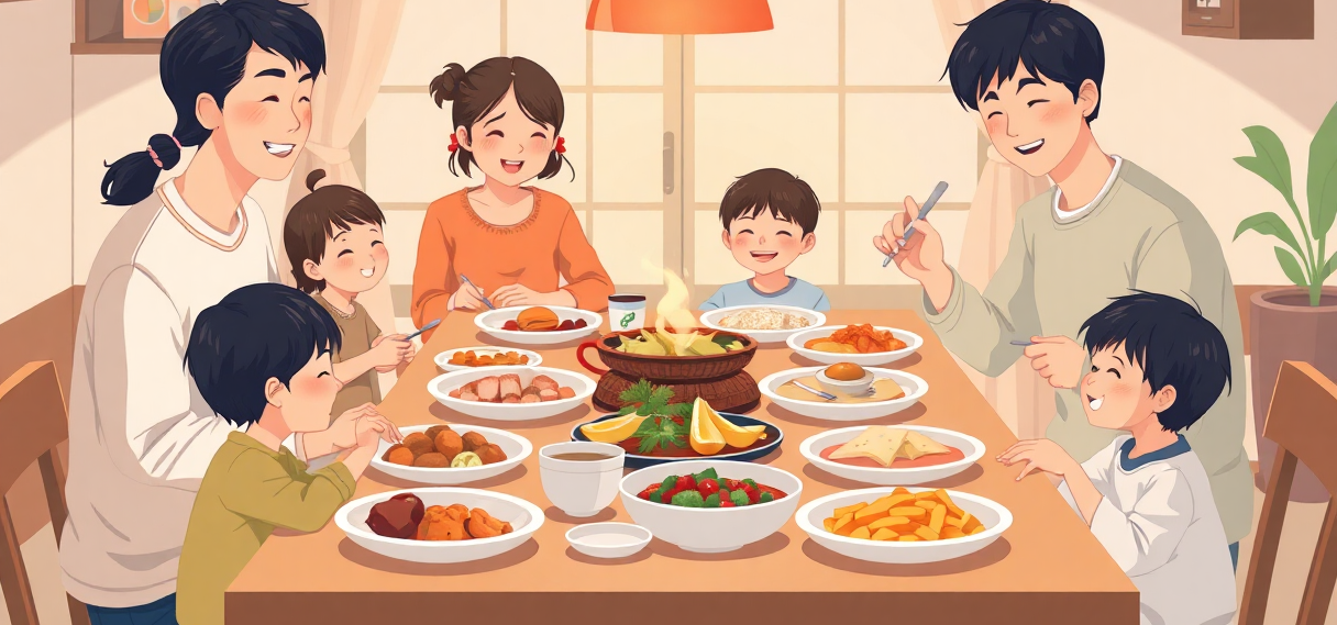 家族で夕食の食卓を囲む様子