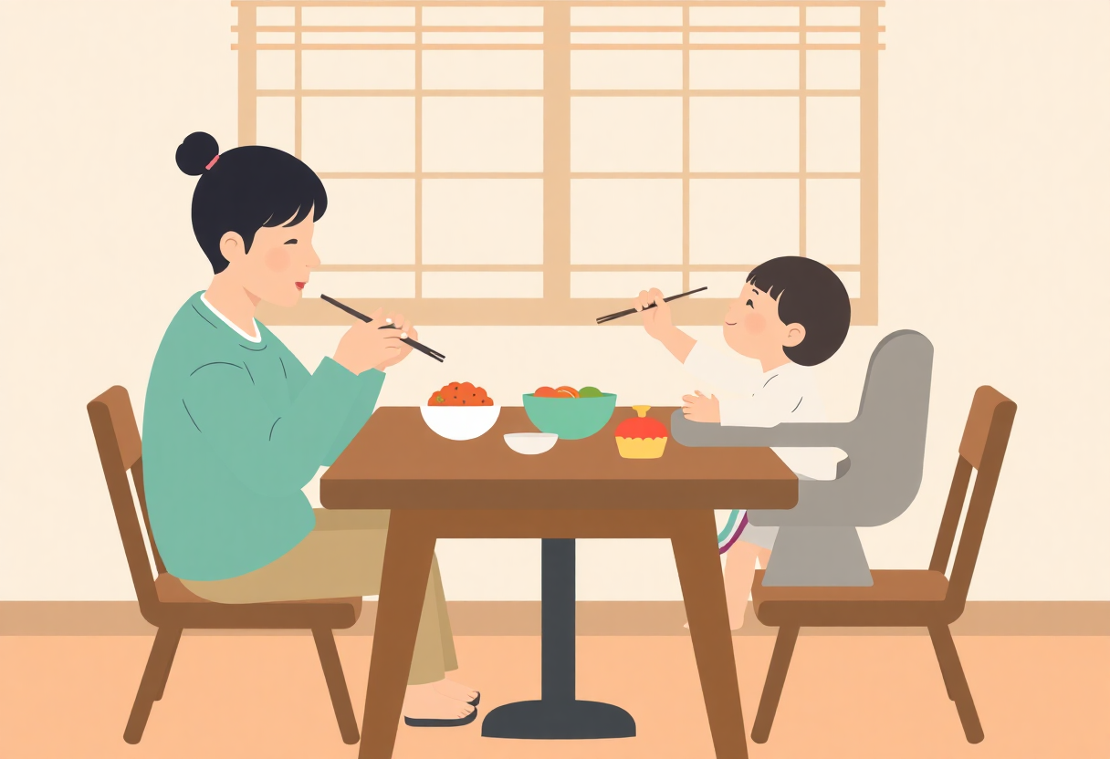 親子で同じ食卓を囲んで取り分けて食べるイラスト
