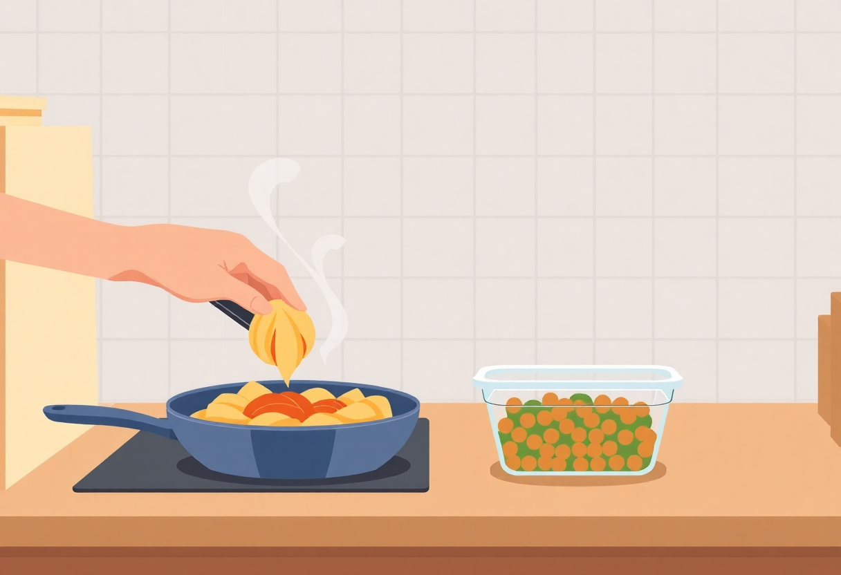 2人前の料理を夕食と翌日の昼食に分けて保存するイラスト