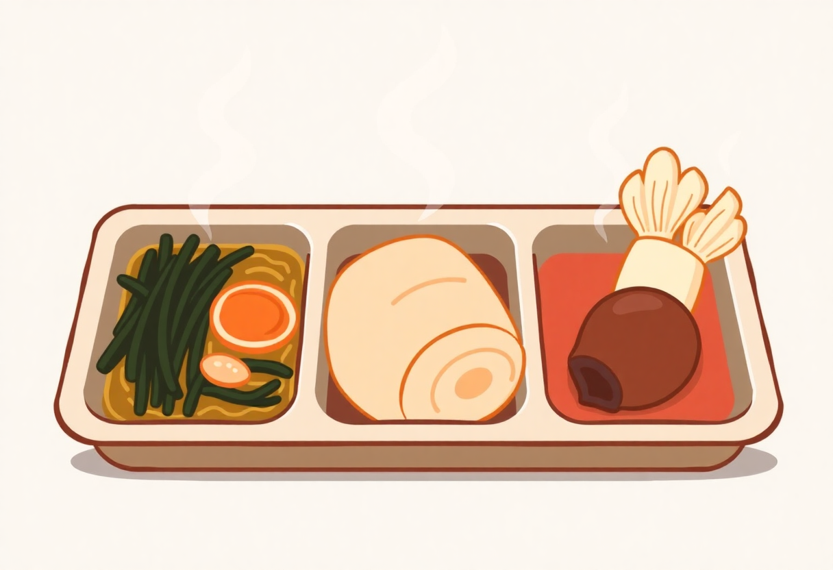 仕切りトレーに入った冷凍おかずセットのイラスト