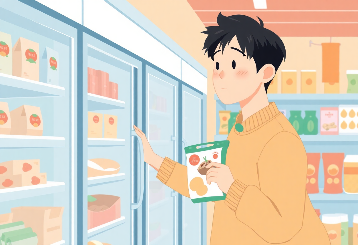 スーパーの冷凍食品コーナーで商品を選ぶ男性のイラスト