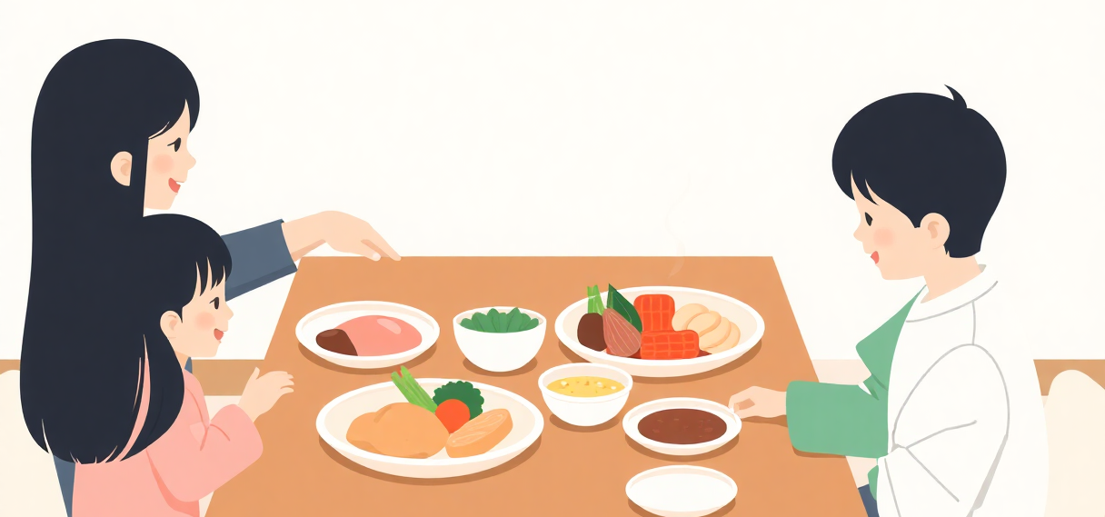 家族で取り分ける食卓のイラスト