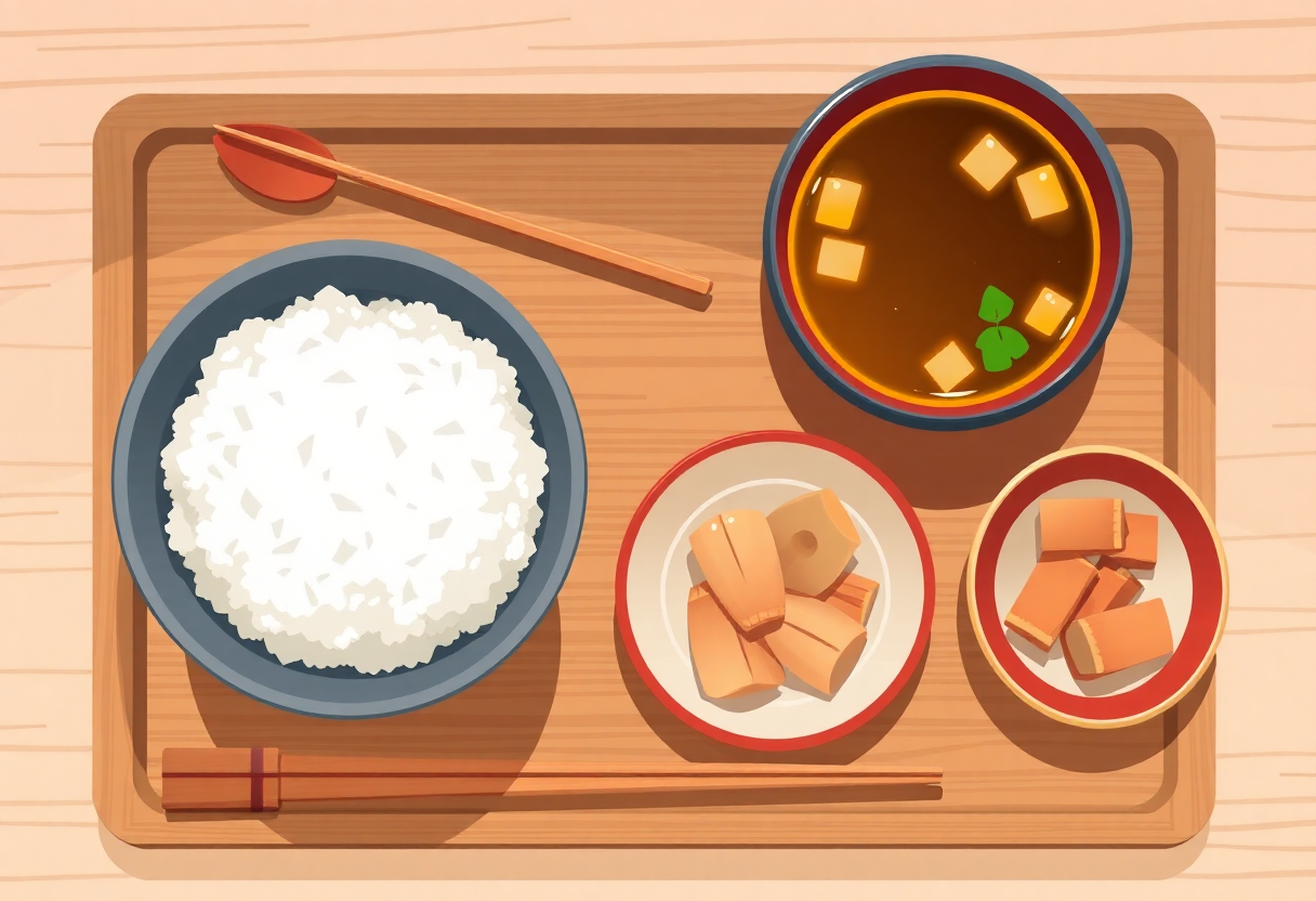 ご飯・味噌汁・煮物の和食トレーのイラスト